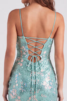 Laden Sie das Bild in den Galerie-Viewer, Glitzerndes Grünes Bodycon Pailletten Spaghetti-Träger Schnürung Kurzes Abendkleid