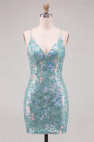 Laden Sie das Bild in den Galerie-Viewer, Glitzerndes Grünes Bodycon Pailletten Spaghetti-Träger Schnürung Kurzes Abendkleid