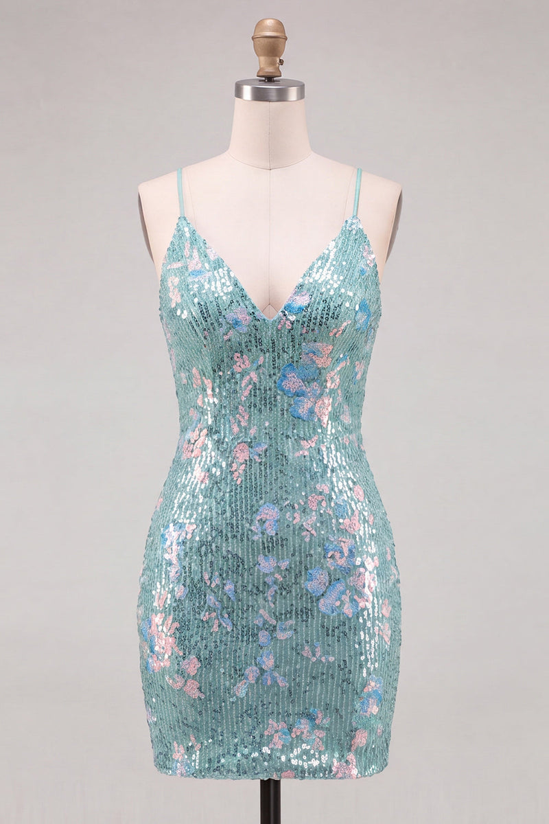 Laden Sie das Bild in den Galerie-Viewer, Glitzerndes Grünes Bodycon Pailletten Spaghetti-Träger Schnürung Kurzes Abendkleid