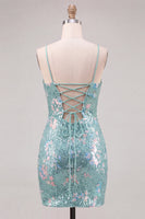 Laden Sie das Bild in den Galerie-Viewer, Glitzerndes Grünes Bodycon Pailletten Spaghetti-Träger Schnürung Kurzes Abendkleid
