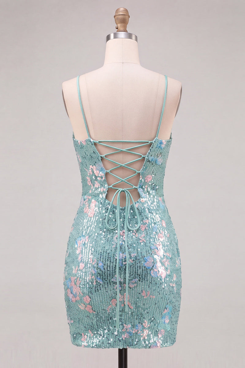 Laden Sie das Bild in den Galerie-Viewer, Glitzerndes Grünes Bodycon Pailletten Spaghetti-Träger Schnürung Kurzes Abendkleid