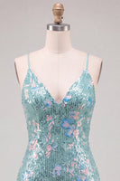Laden Sie das Bild in den Galerie-Viewer, Glitzerndes Grünes Bodycon Pailletten Spaghetti-Träger Schnürung Kurzes Abendkleid