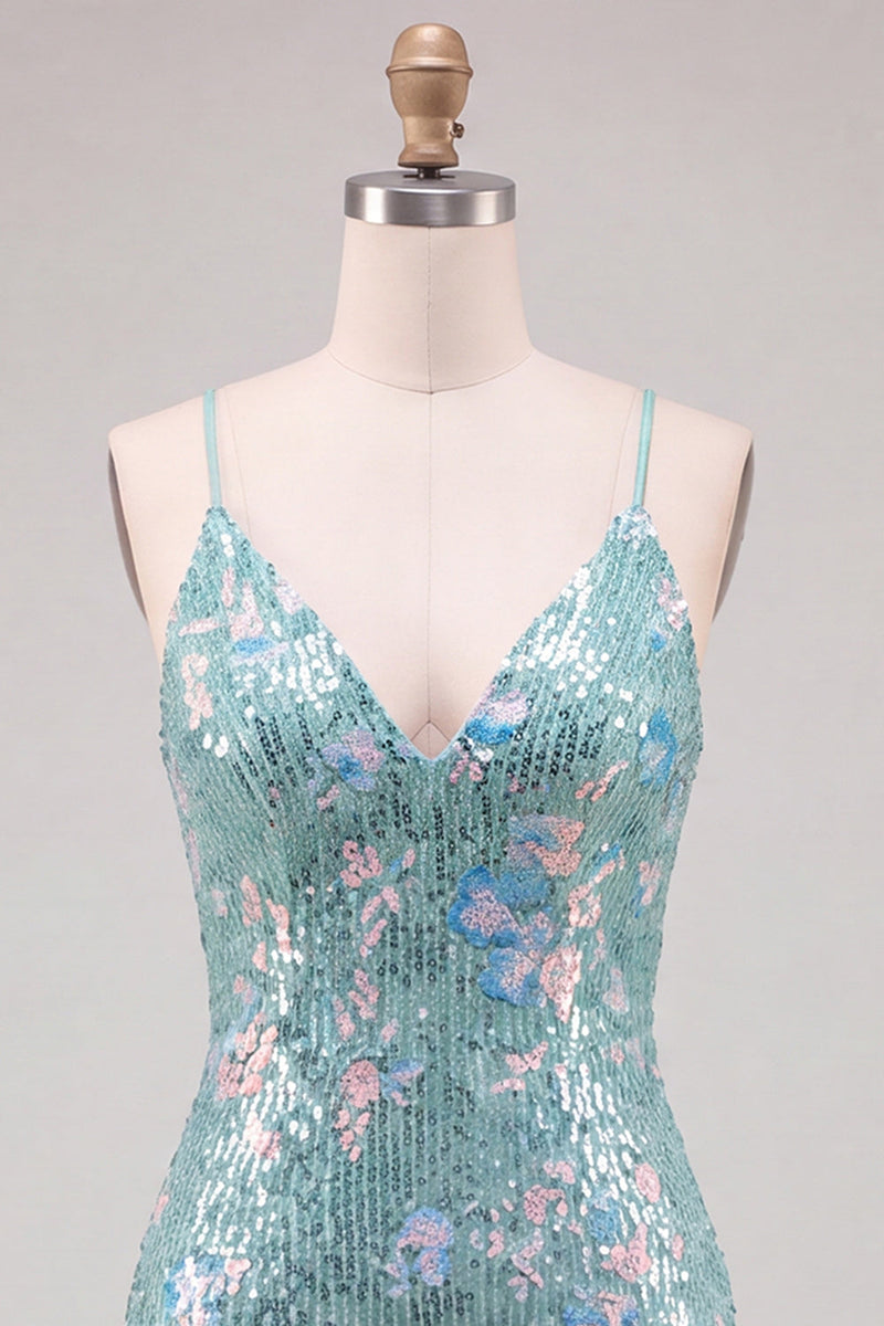 Laden Sie das Bild in den Galerie-Viewer, Glitzerndes Grünes Bodycon Pailletten Spaghetti-Träger Schnürung Kurzes Abendkleid