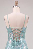 Laden Sie das Bild in den Galerie-Viewer, Glitzerndes Grünes Bodycon Pailletten Spaghetti-Träger Schnürung Kurzes Abendkleid