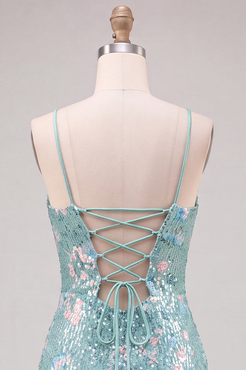 Laden Sie das Bild in den Galerie-Viewer, Glitzerndes Grünes Bodycon Pailletten Spaghetti-Träger Schnürung Kurzes Abendkleid