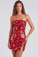 Laden Sie das Bild in den Galerie-Viewer, Glitzerndes Rotes Trägerloses Bodycon Pailletten Kurzes Abendkleid aus den 80ern