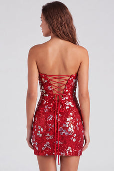 Glitzerndes Rotes Trägerloses Bodycon Pailletten Kurzes Abendkleid aus den 80ern