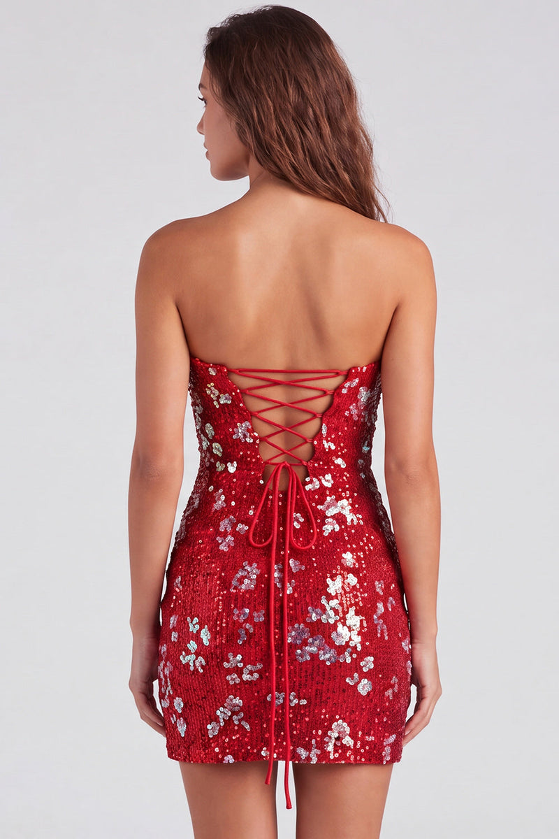 Laden Sie das Bild in den Galerie-Viewer, Glitzerndes Rotes Trägerloses Bodycon Pailletten Kurzes Abendkleid aus den 80ern