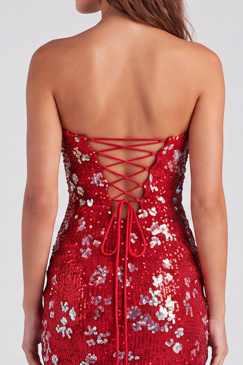 Laden Sie das Bild in den Galerie-Viewer, Glitzerndes Rotes Trägerloses Bodycon Pailletten Kurzes Abendkleid aus den 80ern