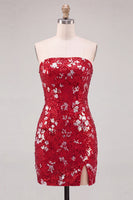 Laden Sie das Bild in den Galerie-Viewer, Glitzerndes Rotes Trägerloses Bodycon Pailletten Kurzes Abendkleid aus den 80ern