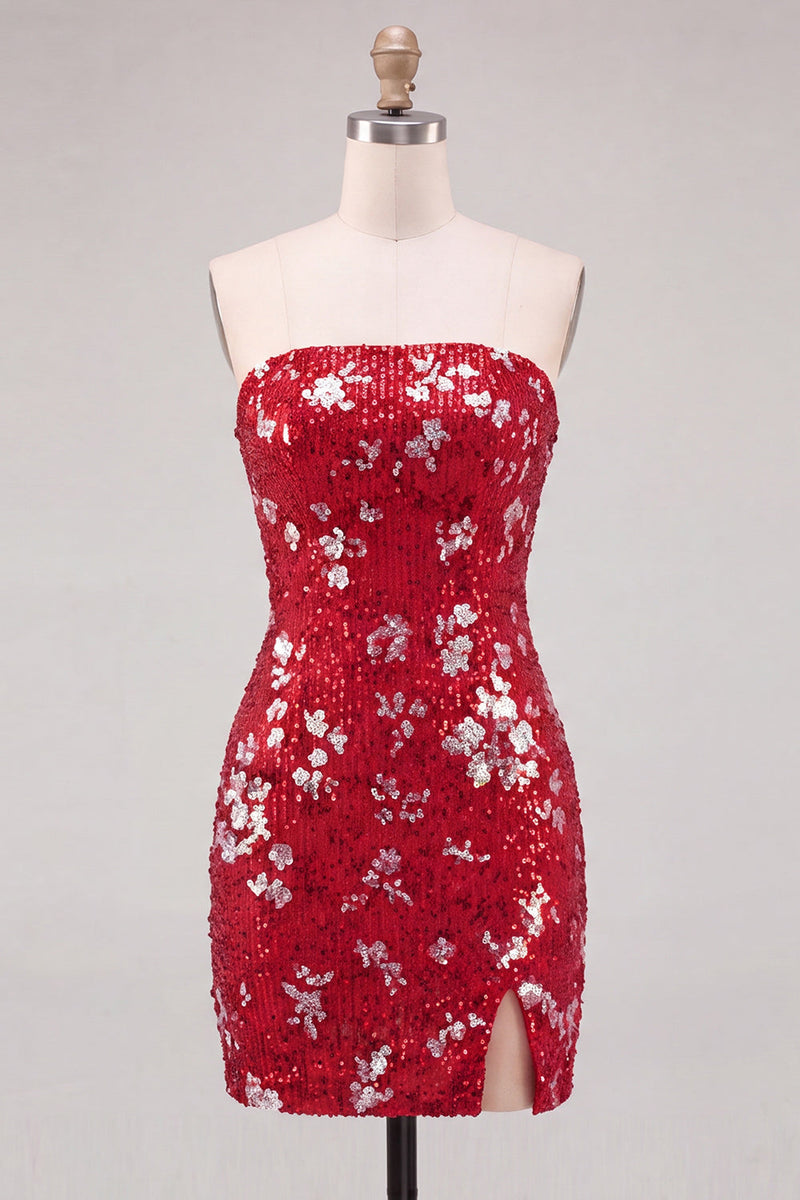 Laden Sie das Bild in den Galerie-Viewer, Glitzerndes Rotes Trägerloses Bodycon Pailletten Kurzes Abendkleid aus den 80ern