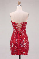 Laden Sie das Bild in den Galerie-Viewer, Glitzerndes Rotes Trägerloses Bodycon Pailletten Kurzes Abendkleid aus den 80ern