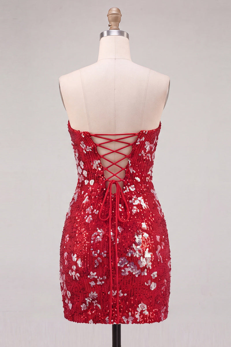Laden Sie das Bild in den Galerie-Viewer, Glitzerndes Rotes Trägerloses Bodycon Pailletten Kurzes Abendkleid aus den 80ern