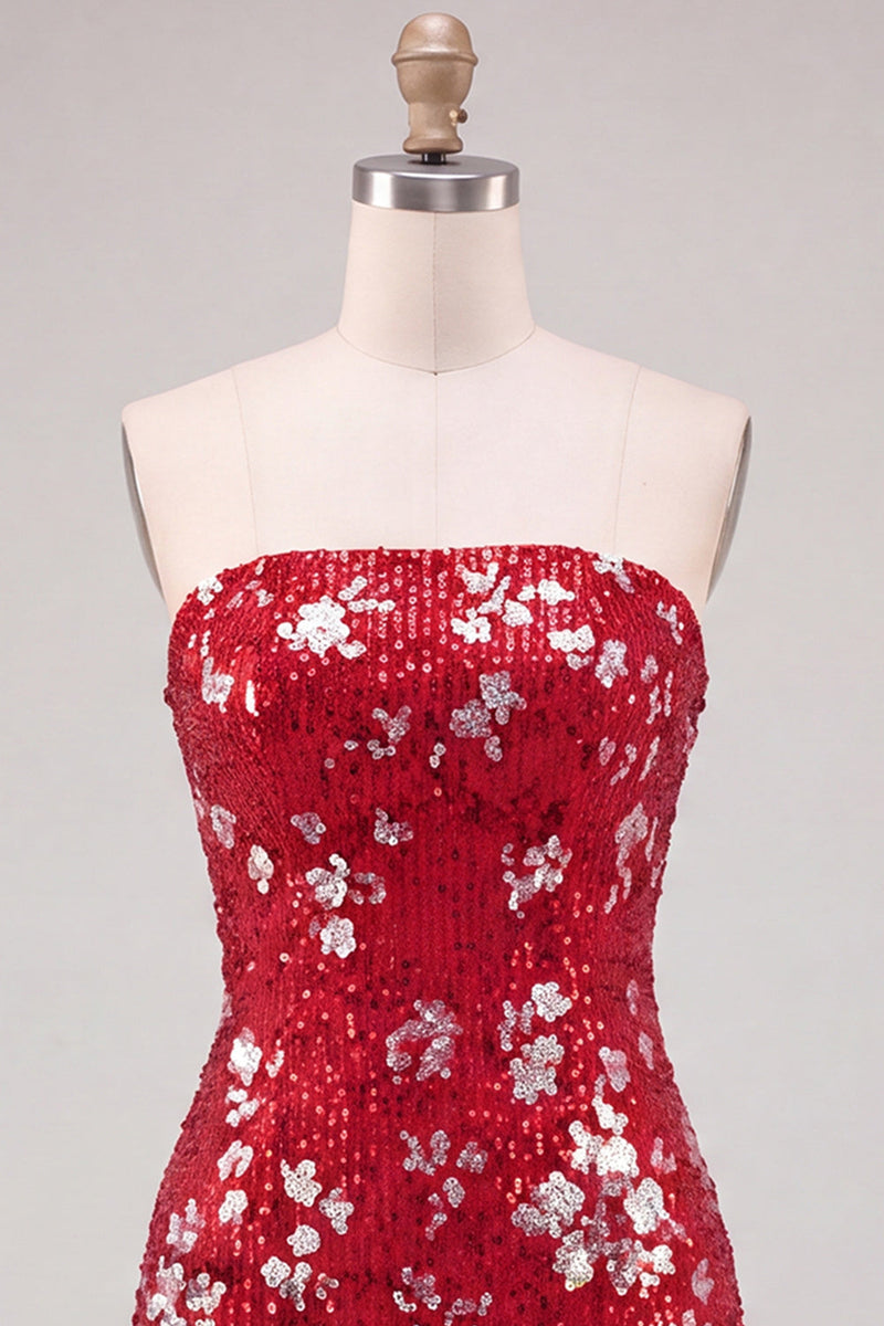 Laden Sie das Bild in den Galerie-Viewer, Glitzerndes Rotes Trägerloses Bodycon Pailletten Kurzes Abendkleid aus den 80ern