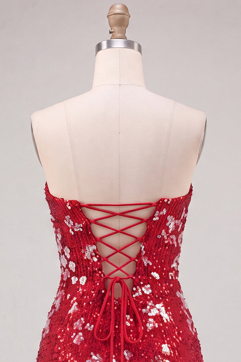 Laden Sie das Bild in den Galerie-Viewer, Glitzerndes Rotes Trägerloses Bodycon Pailletten Kurzes Abendkleid aus den 80ern
