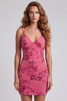 Laden Sie das Bild in den Galerie-Viewer, Fuchsia Bodycon Schnürsenkel-Rücken Blumen Kurzes Abendkleid mit Pailletten