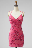 Laden Sie das Bild in den Galerie-Viewer, Fuchsia Bodycon Schnürsenkel-Rücken Blumen Kurzes Abendkleid mit Pailletten
