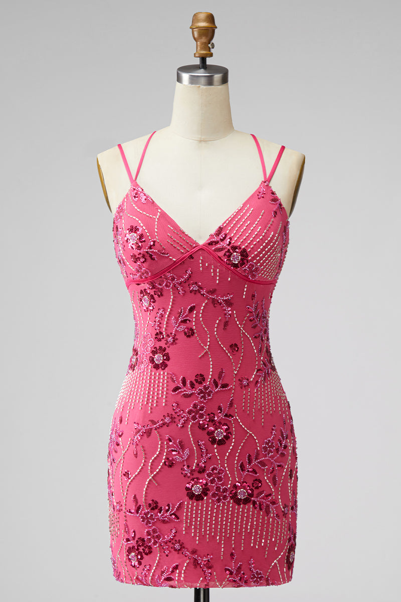 Laden Sie das Bild in den Galerie-Viewer, Fuchsia Bodycon Schnürsenkel-Rücken Blumen Kurzes Abendkleid mit Pailletten