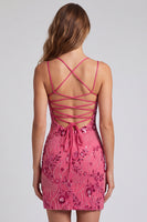 Laden Sie das Bild in den Galerie-Viewer, Fuchsia Bodycon Schnürsenkel-Rücken Blumen Kurzes Abendkleid mit Pailletten
