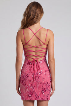 Fuchsia Bodycon Schnürsenkel-Rücken Blumen Kurzes Abendkleid mit Pailletten