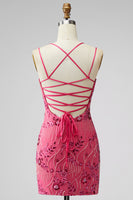 Laden Sie das Bild in den Galerie-Viewer, Fuchsia Bodycon Schnürsenkel-Rücken Blumen Kurzes Abendkleid mit Pailletten
