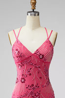 Laden Sie das Bild in den Galerie-Viewer, Fuchsia Bodycon Schnürsenkel-Rücken Blumen Kurzes Abendkleid mit Pailletten
