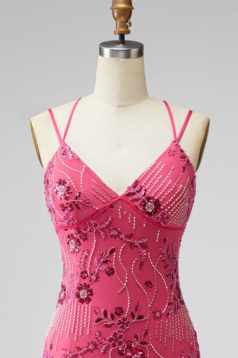 Laden Sie das Bild in den Galerie-Viewer, Fuchsia Bodycon Schnürsenkel-Rücken Blumen Kurzes Abendkleid mit Pailletten