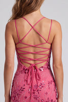 Laden Sie das Bild in den Galerie-Viewer, Fuchsia Bodycon Schnürsenkel-Rücken Blumen Kurzes Abendkleid mit Pailletten