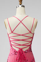 Laden Sie das Bild in den Galerie-Viewer, Fuchsia Bodycon Schnürsenkel-Rücken Blumen Kurzes Abendkleid mit Pailletten