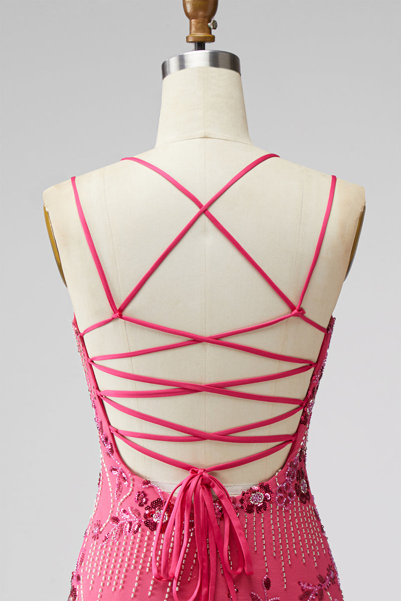 Laden Sie das Bild in den Galerie-Viewer, Fuchsia Bodycon Schnürsenkel-Rücken Blumen Kurzes Abendkleid mit Pailletten