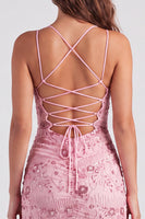 Laden Sie das Bild in den Galerie-Viewer, Fuchsia Bodycon Schnürsenkel-Rücken Blumen Kurzes Abendkleid mit Pailletten