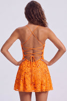 Laden Sie das Bild in den Galerie-Viewer, A-Linie Rotes Pailletten Schnürung hinten Spaghettiträger Kurzes 80er-Jahre Kurzes Abendkleid