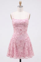 Laden Sie das Bild in den Galerie-Viewer, A-Linie Rotes Pailletten Schnürung hinten Spaghettiträger Kurzes 80er-Jahre Kurzes Abendkleid