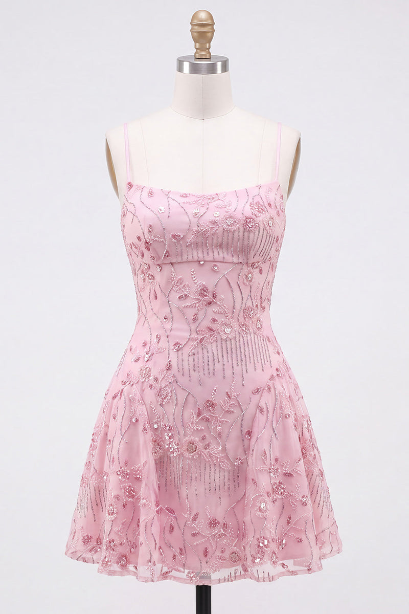 Laden Sie das Bild in den Galerie-Viewer, A-Linie Rotes Pailletten Schnürung hinten Spaghettiträger Kurzes 80er-Jahre Kurzes Abendkleid
