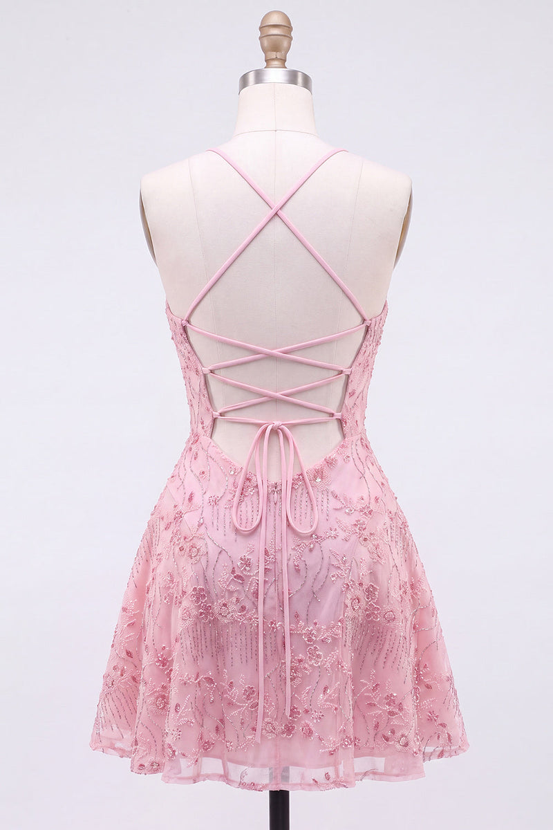 Laden Sie das Bild in den Galerie-Viewer, A-Linie Rotes Pailletten Schnürung hinten Spaghettiträger Kurzes 80er-Jahre Kurzes Abendkleid