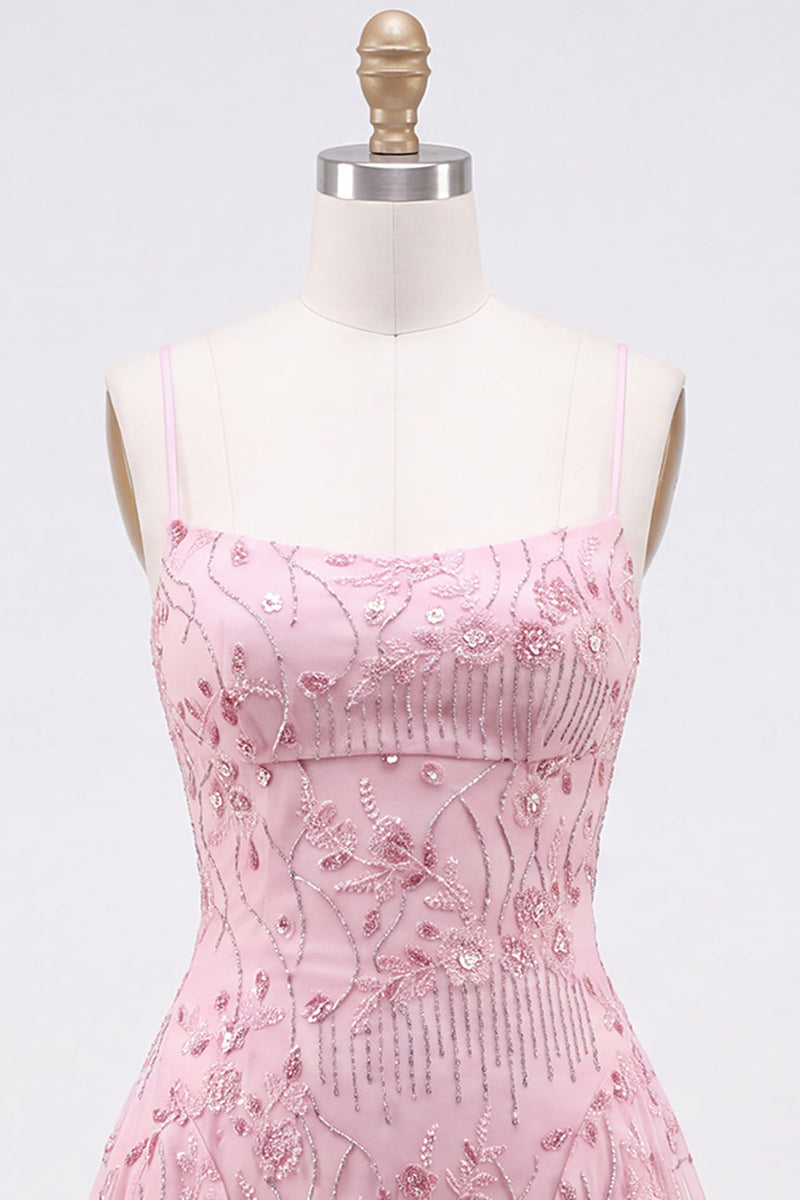 Laden Sie das Bild in den Galerie-Viewer, A-Linie Rotes Pailletten Schnürung hinten Spaghettiträger Kurzes 80er-Jahre Kurzes Abendkleid
