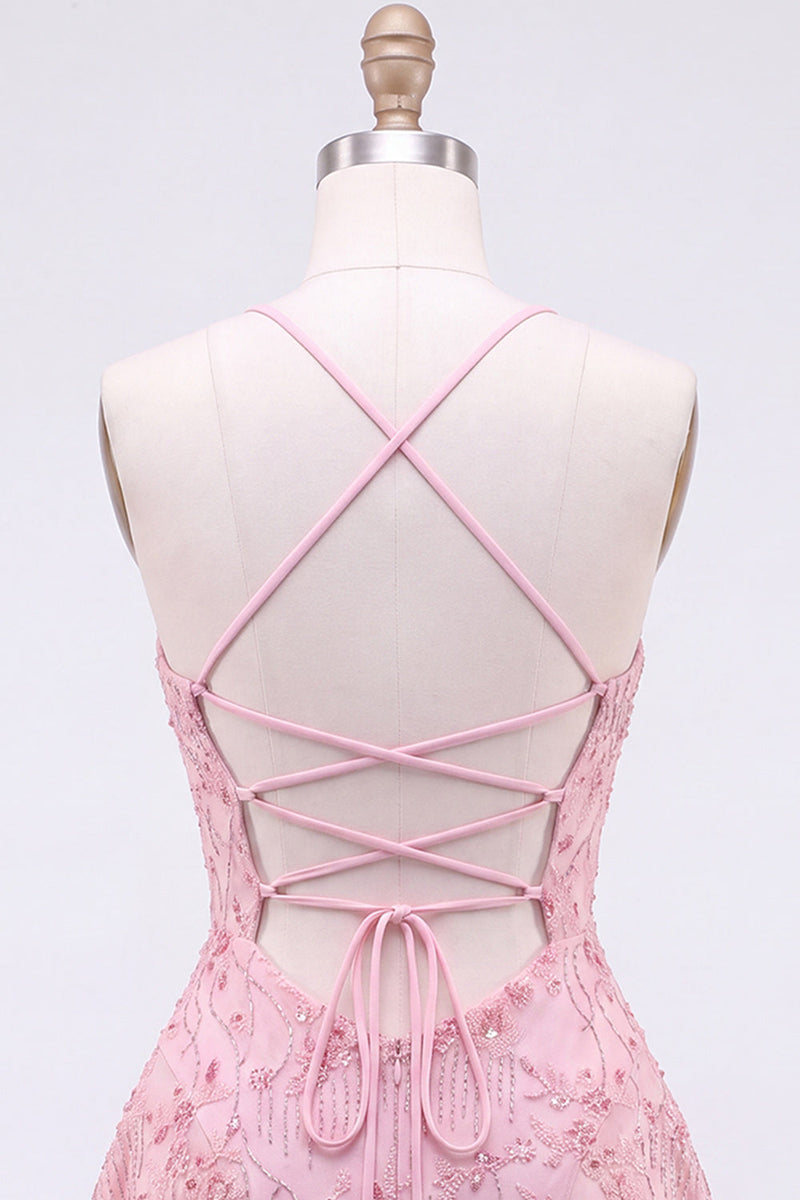 Laden Sie das Bild in den Galerie-Viewer, A-Linie Rotes Pailletten Schnürung hinten Spaghettiträger Kurzes 80er-Jahre Kurzes Abendkleid