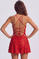 Laden Sie das Bild in den Galerie-Viewer, A-Linie Rotes Pailletten Schnürung hinten Spaghettiträger Kurzes 80er-Jahre Kurzes Abendkleid