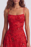 Laden Sie das Bild in den Galerie-Viewer, A-Linie Rotes Pailletten Schnürung hinten Spaghettiträger Kurzes 80er-Jahre Kurzes Abendkleid