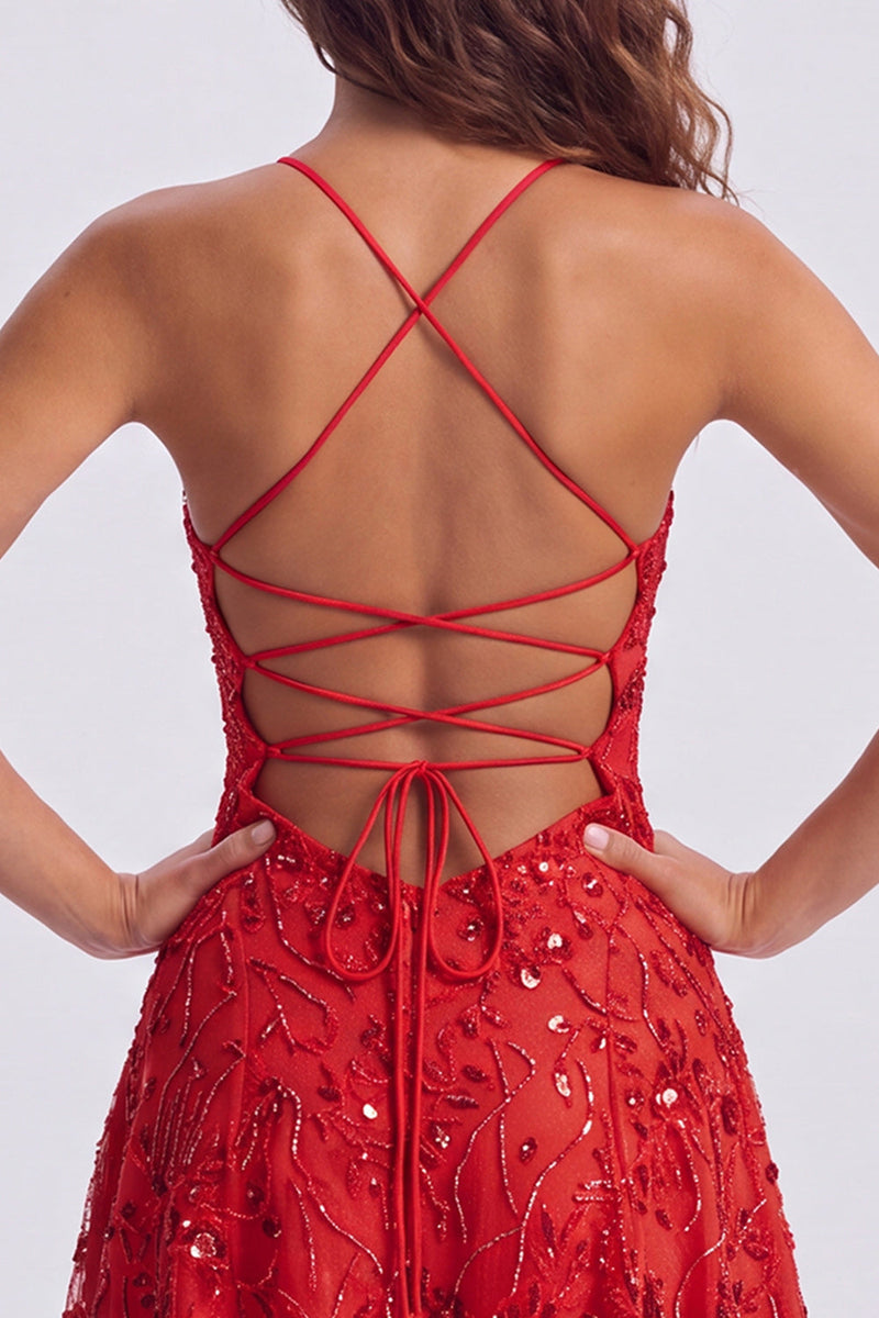 Laden Sie das Bild in den Galerie-Viewer, A-Linie Rotes Pailletten Schnürung hinten Spaghettiträger Kurzes 80er-Jahre Kurzes Abendkleid