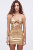Laden Sie das Bild in den Galerie-Viewer, Goldes Sweetheart Bodycon Keyhole Metallic Schnürung-Rücken 80er-Jahre Kurzes Abendkleid