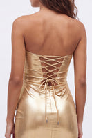 Laden Sie das Bild in den Galerie-Viewer, Goldes Sweetheart Bodycon Keyhole Metallic Schnürung-Rücken 80er-Jahre Kurzes Abendkleid