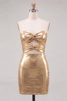 Laden Sie das Bild in den Galerie-Viewer, Goldes Sweetheart Bodycon Keyhole Metallic Schnürung-Rücken 80er-Jahre Kurzes Abendkleid