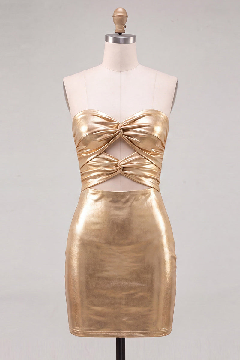 Laden Sie das Bild in den Galerie-Viewer, Goldes Sweetheart Bodycon Keyhole Metallic Schnürung-Rücken 80er-Jahre Kurzes Abendkleid