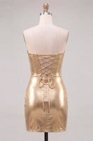 Laden Sie das Bild in den Galerie-Viewer, Goldes Sweetheart Bodycon Keyhole Metallic Schnürung-Rücken 80er-Jahre Kurzes Abendkleid