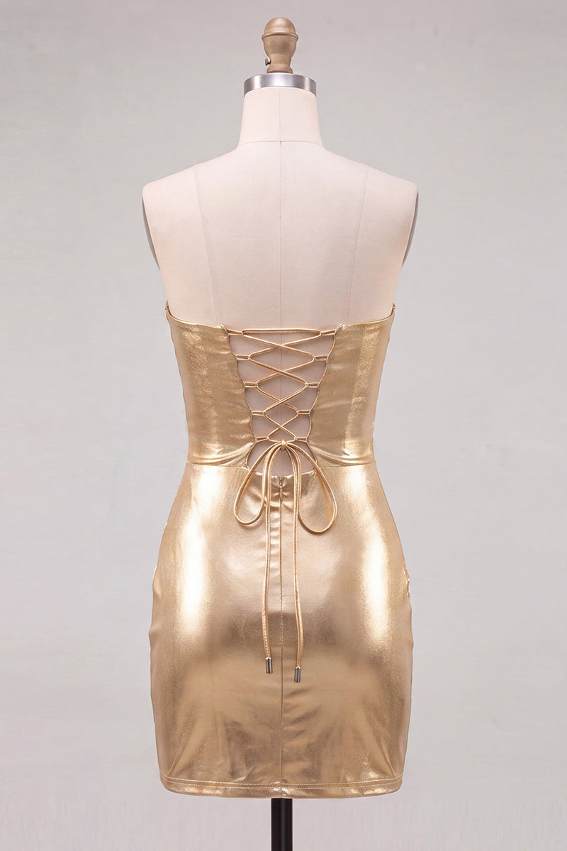 Laden Sie das Bild in den Galerie-Viewer, Goldes Sweetheart Bodycon Keyhole Metallic Schnürung-Rücken 80er-Jahre Kurzes Abendkleid