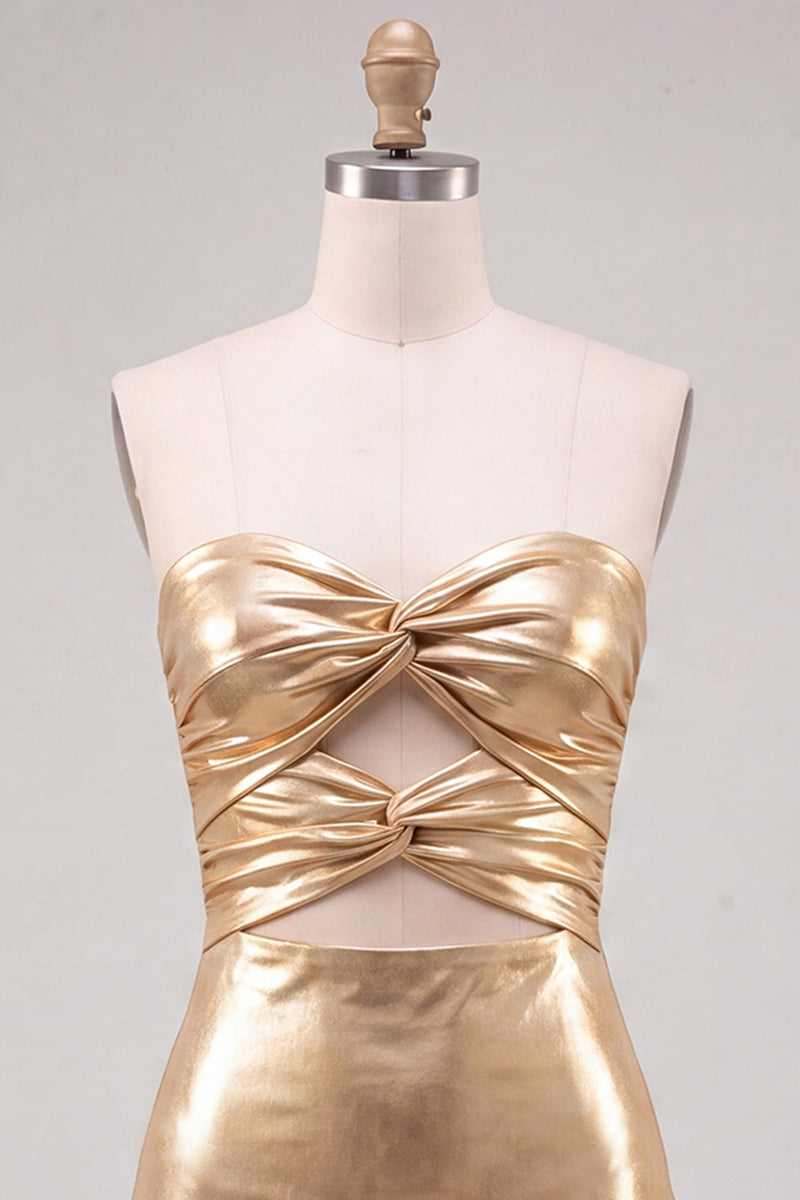 Laden Sie das Bild in den Galerie-Viewer, Goldes Sweetheart Bodycon Keyhole Metallic Schnürung-Rücken 80er-Jahre Kurzes Abendkleid