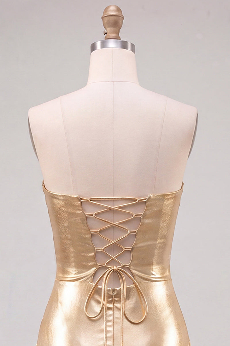 Laden Sie das Bild in den Galerie-Viewer, Goldes Sweetheart Bodycon Keyhole Metallic Schnürung-Rücken 80er-Jahre Kurzes Abendkleid