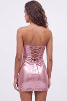 Laden Sie das Bild in den Galerie-Viewer, Goldes Sweetheart Bodycon Keyhole Metallic Schnürung-Rücken 80er-Jahre Kurzes Abendkleid