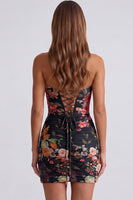 Laden Sie das Bild in den Galerie-Viewer, Schwarzes Sweetheart Gerafftes Blumen Bodycon Kurzes Abendkleid mit Schnürung hinten
